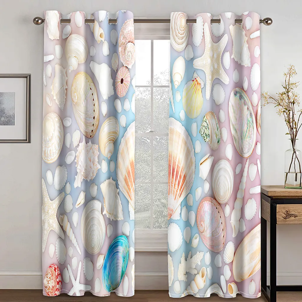 Beach Coastal Curtains Ocean Themed Watercolor Starfish Coral Window