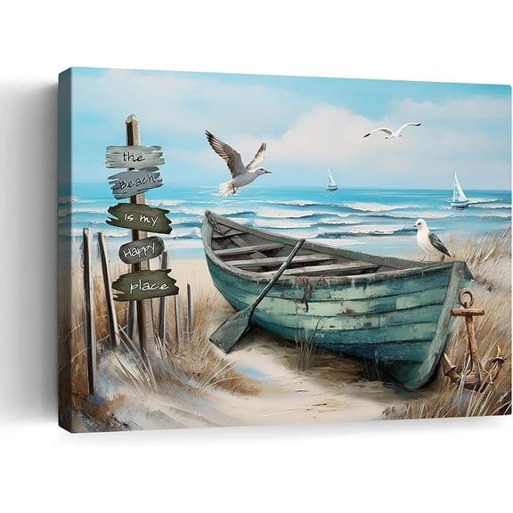 Beach Coastal Decor Wall Art Nautical Landscape Canvas Pictures Wall Decor Painting Blue Ocean Seascape Theme Framed Artwork For Bathroom Bedroom Living Room Home Office Decoration 12"X16"