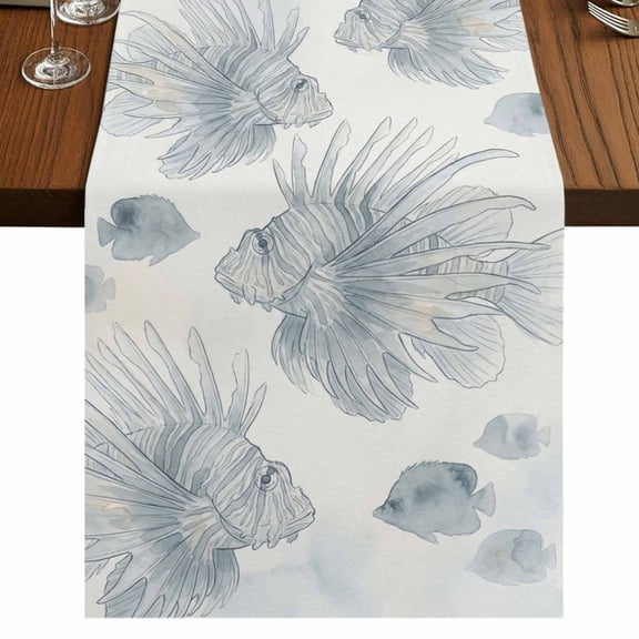 Beach Coastal Fish Burlap Cotton Table Runner 13x60 Inches Long, Watercolor Sea Ocean Nautical Farmhouse Table Runners, Outdoor Dining Tablecloths Decor for Baby Shower/Party/Wedding