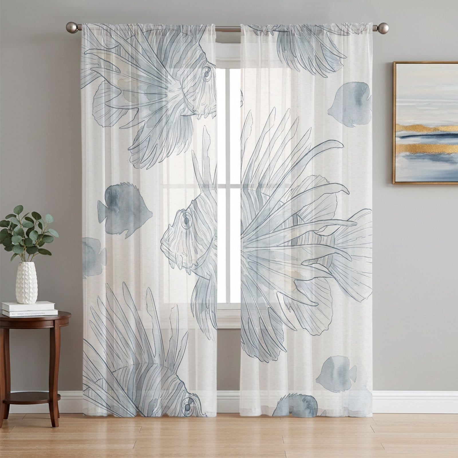 Beach Coastal Fish Semi Sheer Curtains 84 Inch Length 2 Panels Set ...