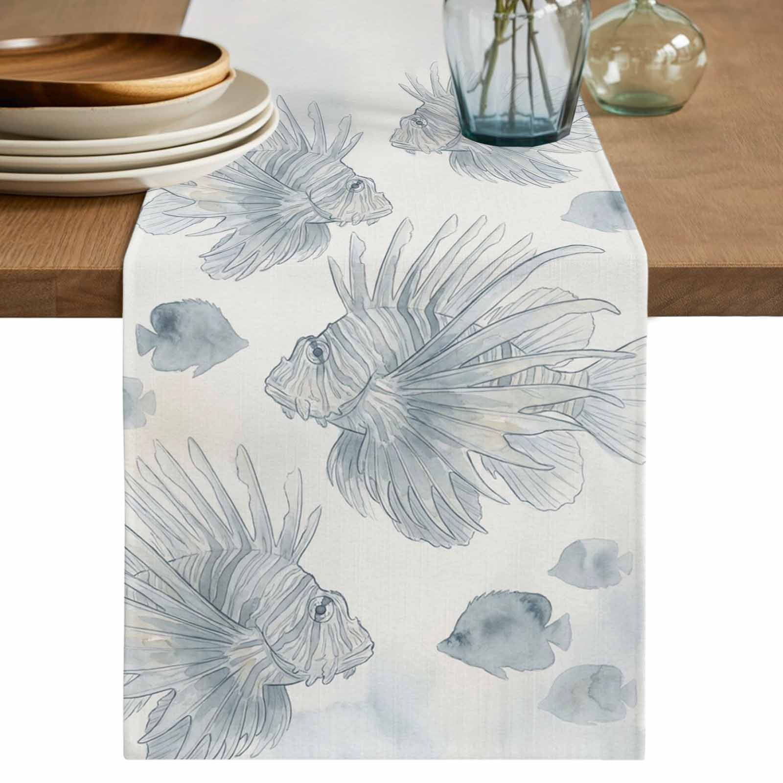 Beach Coastal Fish Table Runner, Watercolor Sea Ocean Nautical Washable ...