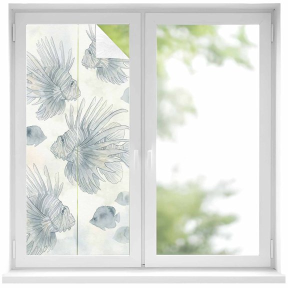 Beach Coastal Fish Window Privacy Film, Watercolor Sea Ocean Nautical Static Cling UV Sun Blocking Heat Control Window Tint Day and Night, Non-Adhesive One Way Windows Privacy Cover 17.7''x39.3''