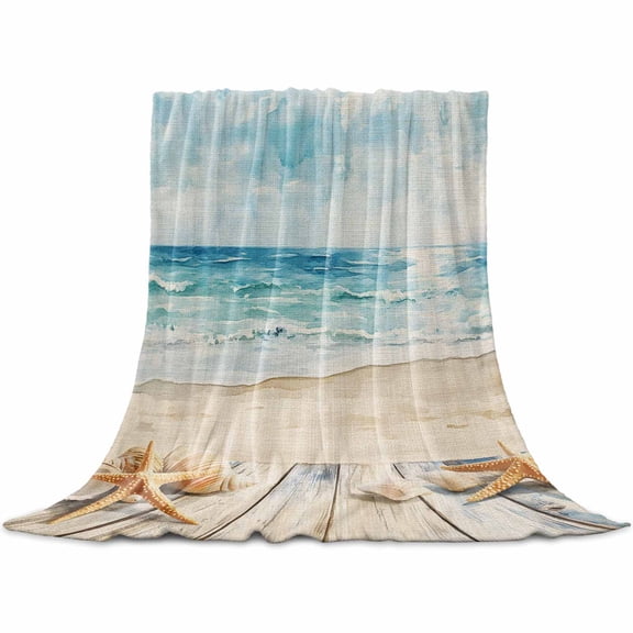 Beach Coastal Flannel Blanket for Bed, Watercolor Ocean Waves Starfish Summer Soft Cozy Warm Couch Throw Blanket, Lightweight Fluffy Plush Bedding Blankets for Sofa Decor All Season 30"x40"
