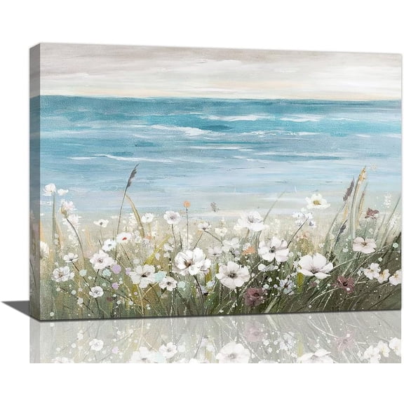 Beach Coastal Floral Bathroom Wall Art Blue Ocean Seascape Flower Pictures Farmhouse Nautical Bathroom Wall Decor Rustic Bathroom Canvas Painting Framed Artwork for Bathroom Bedroom 16"x12"