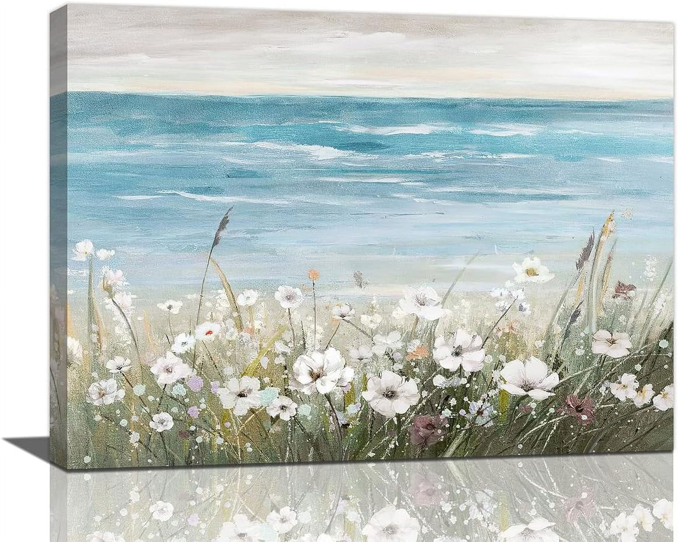 Beach Coastal Floral Bathroom Wall Art Blue Ocean Seascape Flower ...