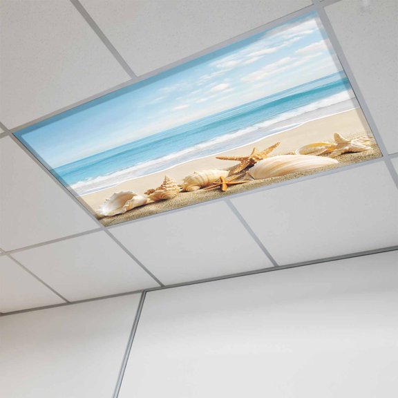 Beach Coastal Fluorescent Light Covers, Summer Seaside Shell Starfish Nautical Magnetic Light Covers for Ceiling Lights, Fluorescent Ceiling Shade Filters for Classroom Bedroom Office 4x2Ft x 1PCS