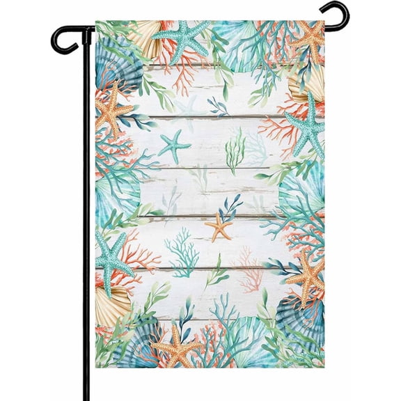 Beach Coastal Garden Flags 12x18 Double Sided Outside Decoration Summer Coral Starfish Nautical Ocean Retro Decorative Welcome Yard Flag Banners for House Home Patio Lawn Seasonal Outdoor Decor