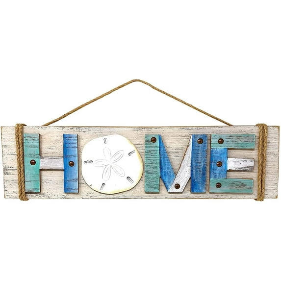 Beach Coastal Home Office Wall Pediment Decor Sign Blue White Wood 17" X 4.5" (Home W Sand Dollar)