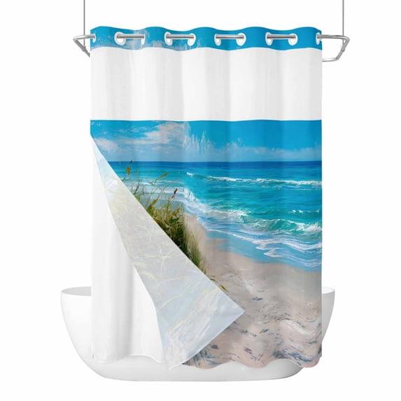 Beach Coastal No Hook Shower Curtain with Snap in Liner, Waterproof Fabric Shower Curtains, Summer Nautical Seaside Ocean Shower Curtain Set Top See Through for Bathroom 72"x96"