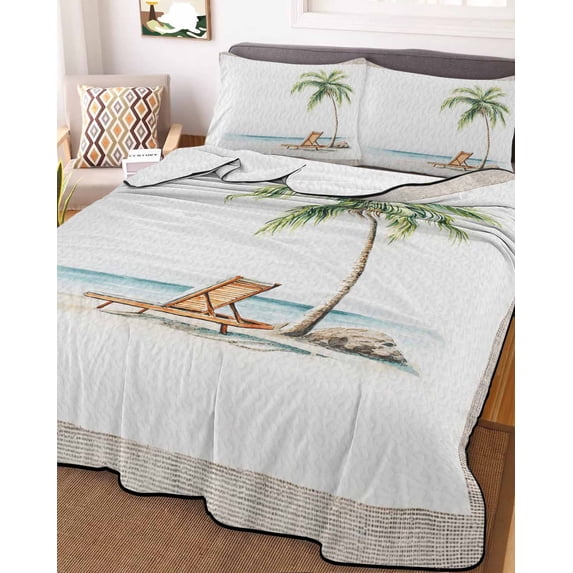 Beach Coastal King Size Down Alternative Comforter, Lightweight Comforter Quilt Bedding Set with Pillow Shams Summer Nautical Ocean Palm Tree Seaside All Seasons Bed Comforter Duvet Insert 96"x106"