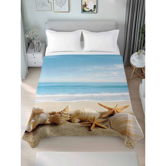 Beach Coastal King Size Flat Sheet, Wrinkleproof & Fadeproof Cooling Flat Bed Sheet Only, Summer Seaside Shell Starfish Nautical Breathable Soft Bedding Top Sheets 105 x 98 Inches