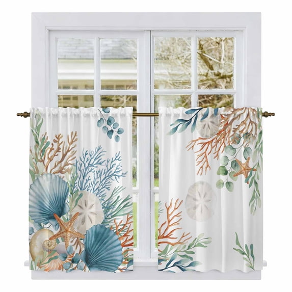 Beach Coastal Kitchen Curtains 54 Inch Length, Summer Nautical Coral Shell Botanical Tiers Curtains for Bathroom Bedroom Cafe, Light Filtering Small Window Treatment Short Drapes 2 Panels 42"Wx54"L