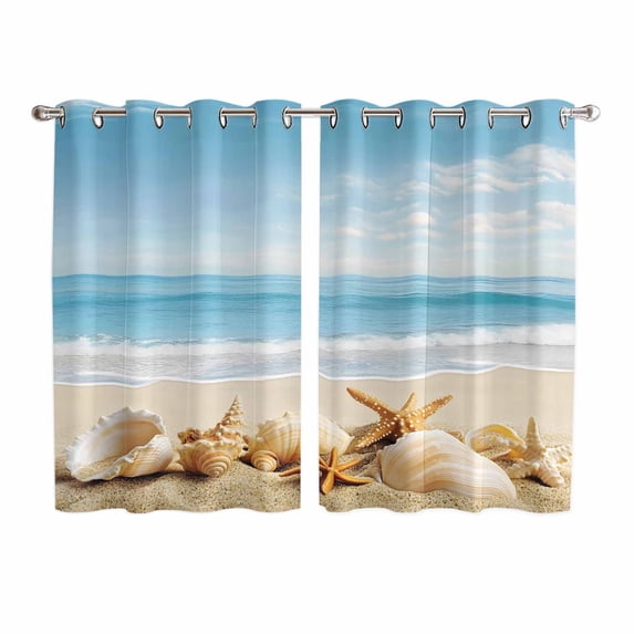 Beach Coastal Kitchen Curtains 72 Inch Length, Summer Seaside Shell Starfish Nautical Grommet Top Bedroom Living Room Curtains, Light Filtering Cafe Curtain Drapes 2 Panels Set 104''x72''