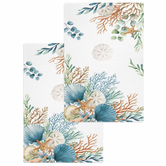 Beach Coastal Kitchen Dish Towels for Drying Dishes Set of 2, Summer Nautical Coral Shell Botanical Waffle Weave Microfiber Hand Tea Bathroom Towels Quick Dry & Absorbent Towel 15.7x23.6