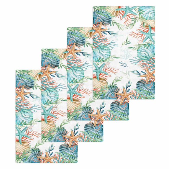 Beach Coastal Kitchen Dish Towels for Drying Dishes Set of 4, Summer Coral Starfish Nautical Ocean Waffle Weave Microfiber Hand Tea Bathroom Towels Quick Dry & Absorbent Towel 15.7x23.6