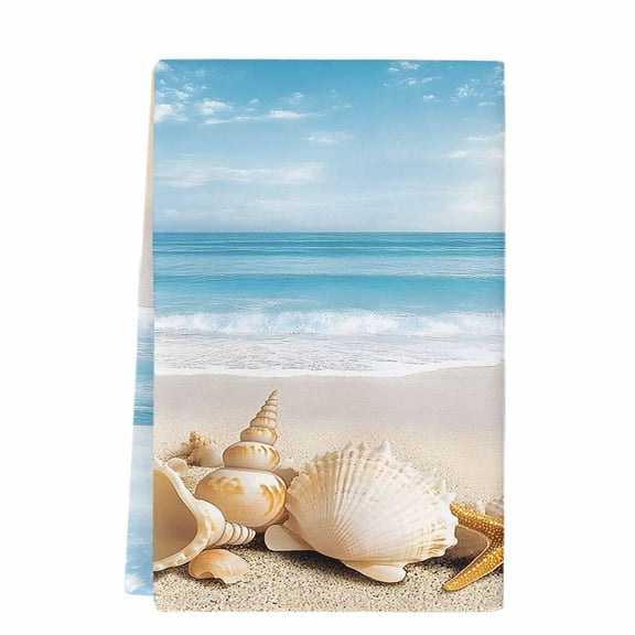 Beach Coastal Kitchen Towels Set of 1, Absorbent Microfiber Dish Tea Towels with Hanging Loop, Summer Nautical Seaside Starfish Shell Resuable Hand Towel for Home Kitchen Cooking Cleaning 18"x28"