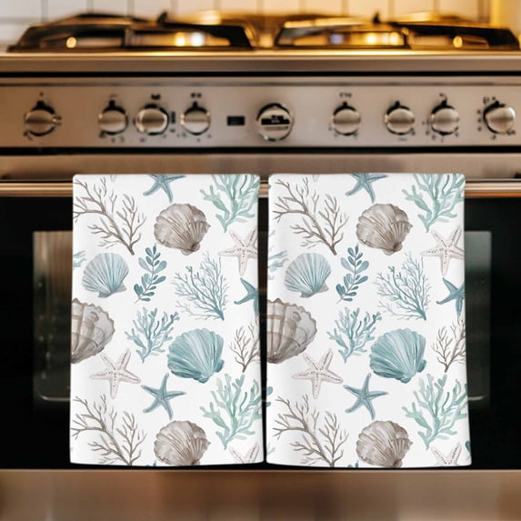 Beach Coastal Kitchen Towels Set of 1, Ocean Nautical Starfish Coral Seashells Absorbent Dish Towels for Kitchen, Microfiber Hand Towel, Quick Drying Tea Towel for Cleaning Decorative Dishcloths