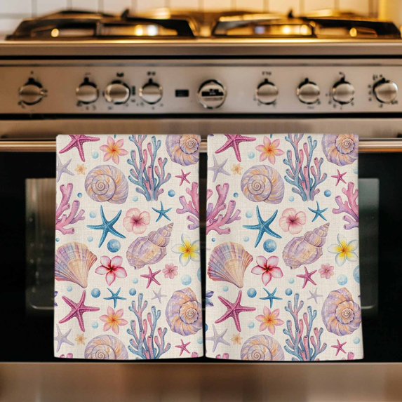 Beach Coastal Kitchen Towels Set of 1, Summer Nautical Shell Starfish Coral Rustic Absorbent Dish Towels for Kitchen, Microfiber Hand Towel, Quick Drying Tea Towel for Cleaning Decorative Dishcloths