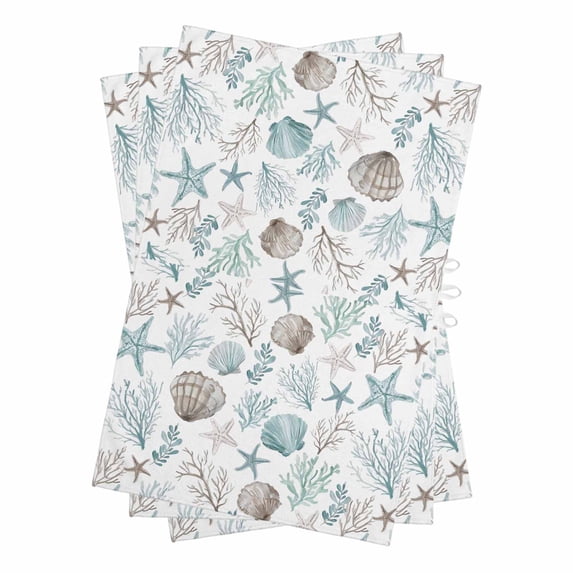 Beach Coastal Kitchen Towels Set of 3, Water Absorbent Dish Towel, Ocean Nautical Starfish Coral Seashells Decorative Hand Towels - Quick Drying Cloth for Cooking Baking, 18x28 Inch