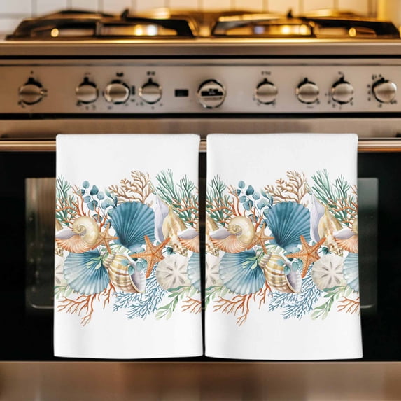 Beach Coastal Kitchen Towels Set of 4, Nautical Shell Starfish Coral Summer Absorbent Dish Towels for Kitchen, Microfiber Hand Towel, Quick Drying Tea Towel for Cleaning Decorative Dishcloths