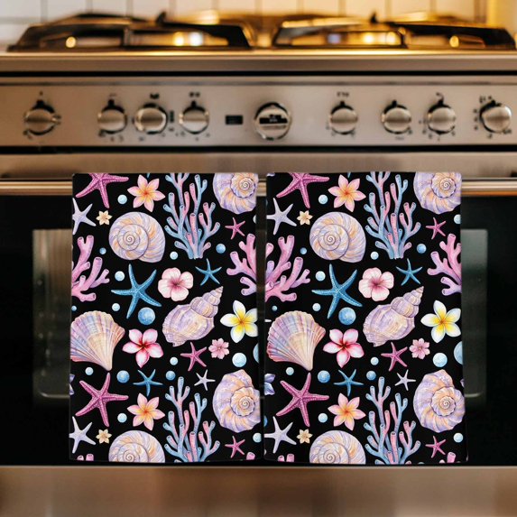 Beach Coastal Kitchen Towels Set of 4, Summer Nautical Shell Starfish Coral Black Absorbent Dish Towels for Kitchen, Microfiber Hand Towel, Quick Drying Tea Towel for Cleaning Decorative Dishcloths