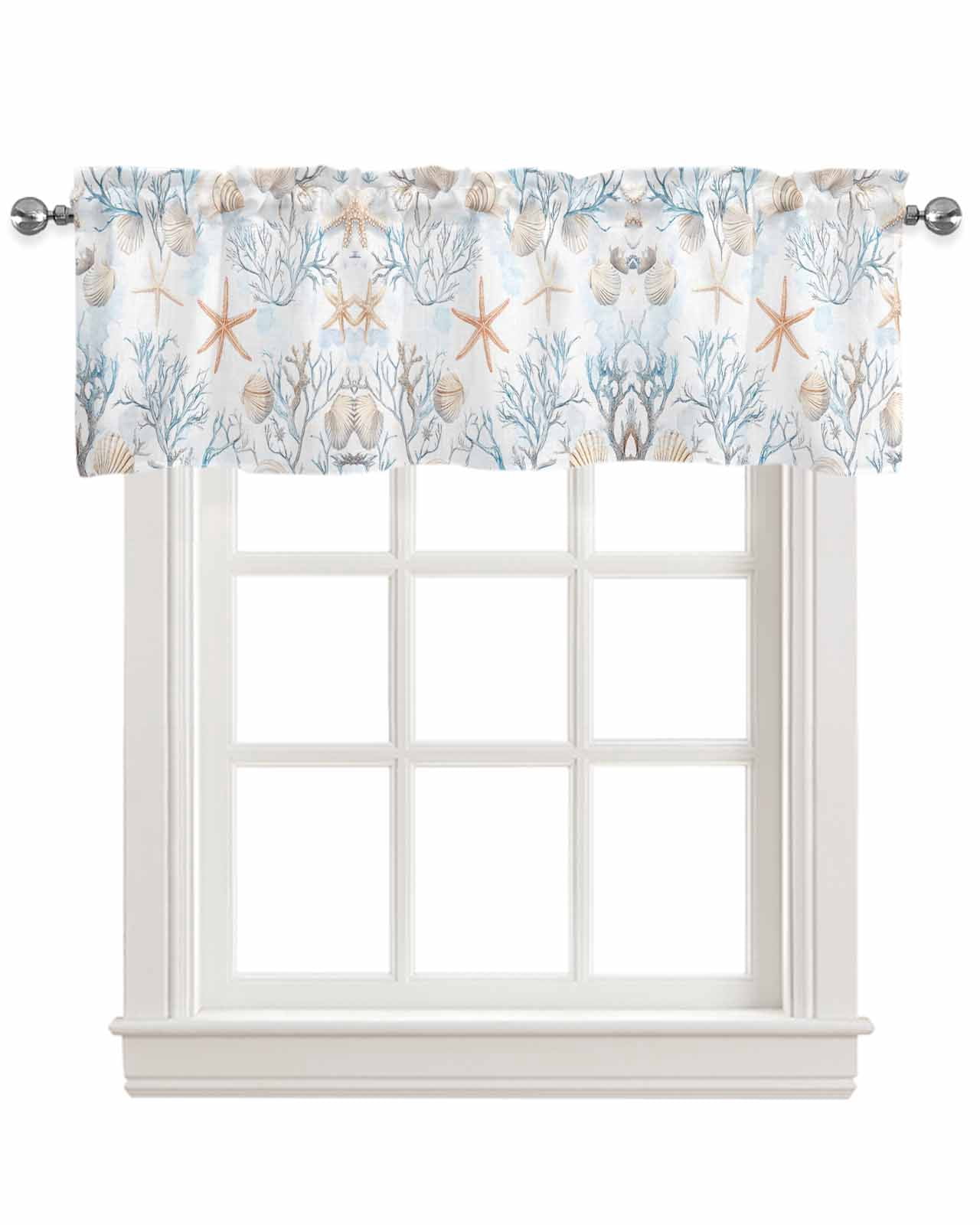 Beach Coastal Kitchen Valances for Windows Farmhouse Linen Window Valance Curtain for Living Room Window Treatment Nautical Summer Starfish Coral Sea Valance Rod Pocket Topper Drape, 42 x 18 Inch