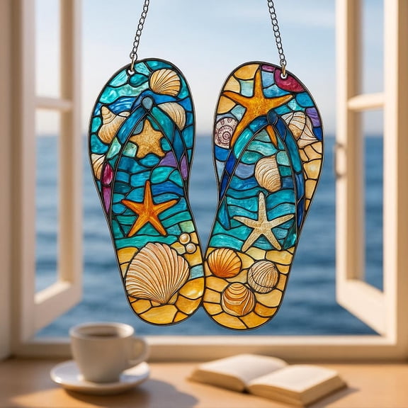 Beach Coastal Ocean 2D Flat Acrylic Suncatcher, Vibrant Translucent Art, Seashell Starfish Flip Flops Design, Summer Window Ornament, Home Decor Gift
