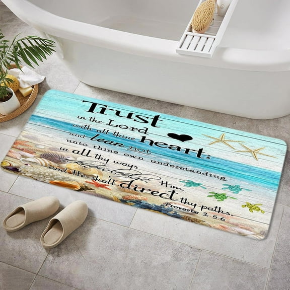 Beach Coastal Ocean Bath Mat for Bathroom, Seashell Starfish Conch Sea Turtle Soft Flannel Bathroom Rugs, Verse Scripture Quotes Bathroom Decor 17X48In