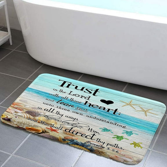 Beach Coastal Ocean Bath Mat for Bathroom, Seashell Starfish Conch Sea Turtle Soft Flannel Bathroom Rugs, Verse Scripture Quotes Bathroom Decor 19X31In