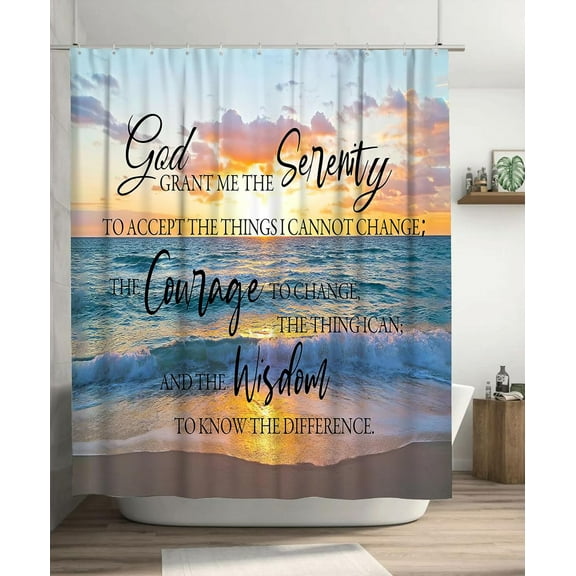 Beach Coastal Ocean Shower Curtain Christian Serenity Prayer Shower Curtains Seascape Seaside Sunset Shower Curtain Quick-drying Polyester Fabric Bathroom Decor with Plastic Hooks 72x72 Inches