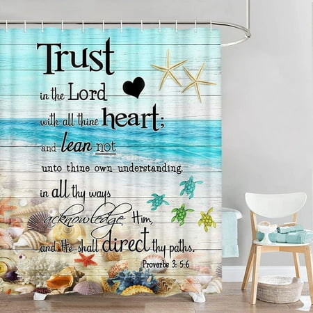 Beach Coastal Ocean Theme Fabric Shower Curtain, Seashell Starfish Conch Sea Turtle Waterproof Shower Curtain Set, Verse Scripture Quotes Bathroom Decor Accessories with Hooks, 72X84inch