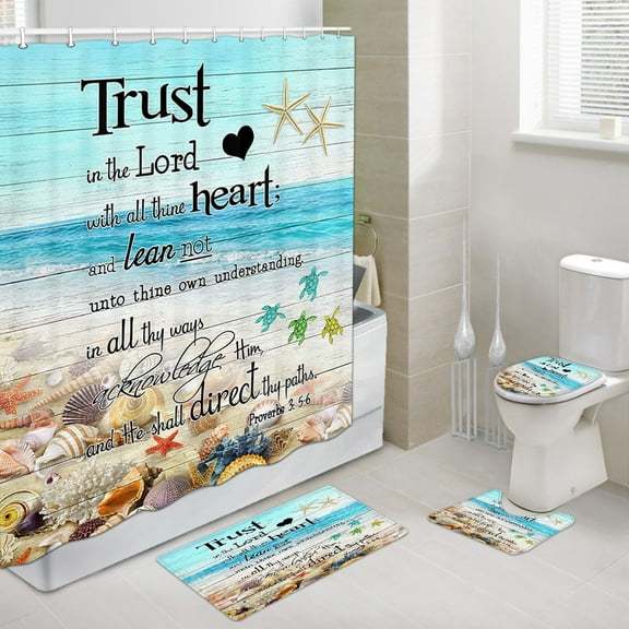 Beach Coastal Ocean Theme Shower Curtain Set and Rugs, Seashell Starfish Conch Sea Turtle Bathroom Mat Set with Bath Rug Mat, Verse Scripture Quotes Contour Mat and Toilet Lid Cover