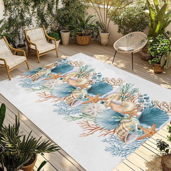 Beach Coastal Outdoor Rug 4x6 Ft - Reversible Patio Rug Outdoor Camping Rugs, Nautical Shell Starfish Coral Summer Washable Indoor Outdoor Area Rugs, Non-Slip Outdoor Carpet Runner for Deck/Porch