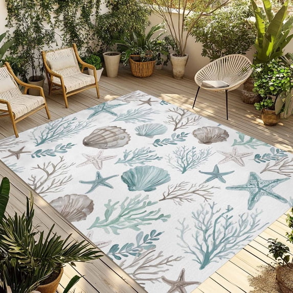 Beach Coastal Outdoor Rug for Patio/Deck/Porch, Non-Slip Large Area Rug 3 x 5 Ft, Ocean Nautical Starfish Coral Seashells Indoor Outdoor Rugs Washable Area Rugs, Reversible Camping Rug Carpet Runner