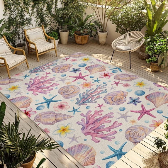 Beach Coastal Outdoor Rug for Patio/Deck/Porch, Non-Slip Large Area Rug 3 x 5 Ft, Summer Nautical Shell Starfish Coral Rustic Indoor Outdoor Rugs Washable Area Rugs, Camping Rug Carpet Runner