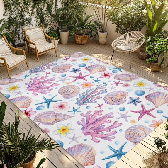 Beach Coastal Outdoor Rug for Patio/Deck/Porch, Non-Slip Large Area Rug 6 x 9 Ft, Ocean Summer Nautical Shell Starfish Coral Indoor Outdoor Rugs Washable Area Rugs, Camping Rug Carpet Runner