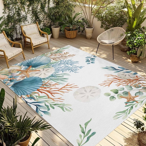 Beach Coastal Outdoor Rug for Patio/Deck/Porch, Non-Slip Large Area Rug 6 x 9 Ft, Summer Nautical Coral Shell Botanical Indoor Outdoor Rugs Washable Area Rugs, Reversible Camping Rug Carpet Runner