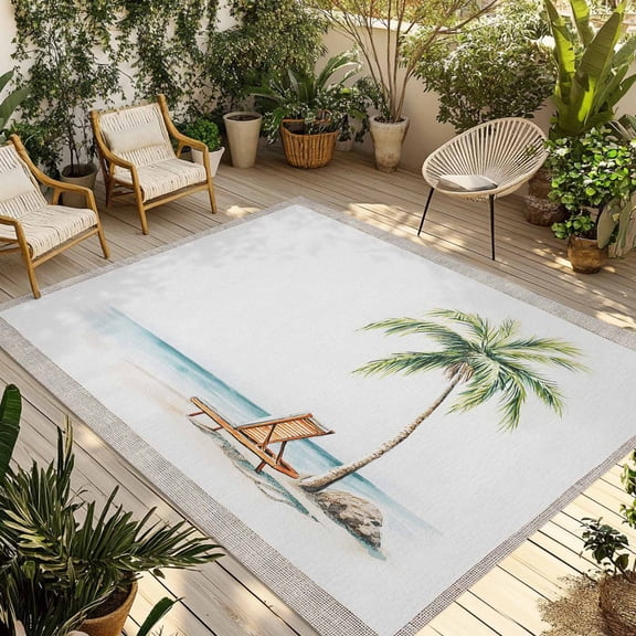 Beach Coastal Outdoor Rug for Patio/Deck/Porch, Non-Slip Large Area Rug 6 x 9 Ft, Summer Nautical Ocean Palm Tree Seaside Indoor Outdoor Rugs Washable Area Rugs, Reversible Camping Rug Carpet Runner