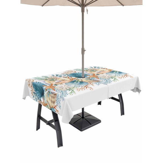 Beach Coastal Outdoor Tablecloth - 60x120 Inch Rectangle Dining Table Cover, Nautical Shell Starfish Coral Summer Waterproof Outdoor Table Cloth with Umbrella Hole & Zipper for Picnic/Patio/Party