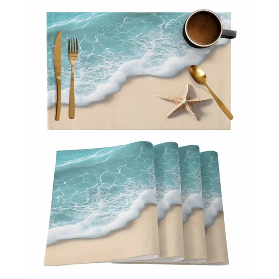 Beach Coastal Placemats Set of 4, Summer Nautical Starfish Aqua Beige Placemats for Dining Table, Place Mats for Kitchen Tabletop, Waterproof Wipeable Dining Table Mats Set