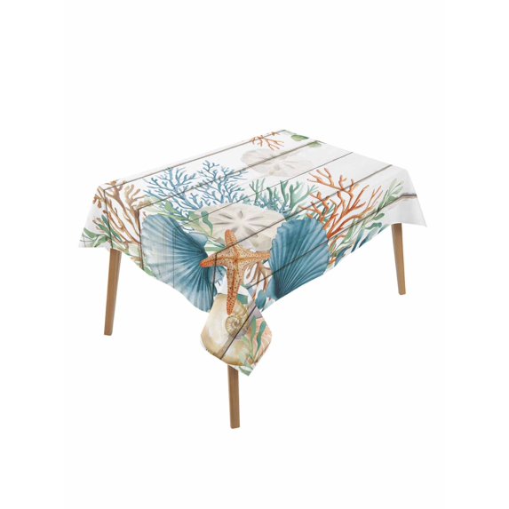 Beach Coastal Rectangle Tablecloth, Summer Nautical Coral Shell Botanical Vintage Waterproof & StainResistant Tablecloth, Washable Oil-proof Table Cover for Dining/Party/Wedding/Buffet 60x84 In