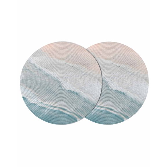 Beach Coastal Round 13 Inch Placemats Set of 2, Blue Nautical Summer Ocean Seaside HeatResistant Non Slip Place Mats for Dining Table, Wipeable Braided Kitchen Table Mats for Housewarming