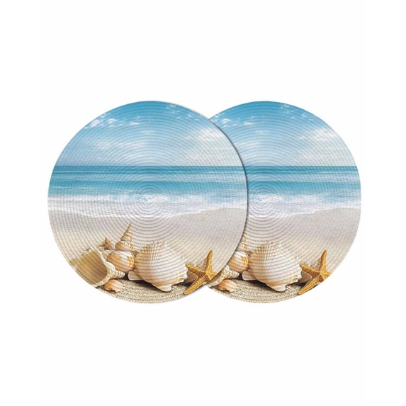 Beach Coastal Round 13 Inch Placemats Set of 2, Summer Nautical Seaside Starfish Shell HeatResistant Non Slip Place Mats for Dining Table, Wipeable Braided Kitchen Table Mats for Housewarming