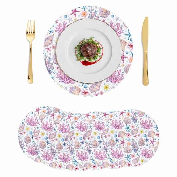 Beach Coastal Round 13 Inch Placemats Set of 6, Ocean Summer Nautical Shell Starfish Coral HeatResistant Non Slip Place Mats for Dining Table, Wipeable Braided Kitchen Table Mats for Housewarming