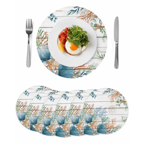 Beach Coastal Round 15 Inch Placemats Set of 6, Summer Nautical Coral Shell Botanical Vintage HeatResistant Non Slip Place Mats for Dining Table, Wipeable Braided Kitchen Table Mats for Housewarming