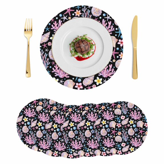 Beach Coastal Round 15 Inch Placemats Set of 6, Summer Nautical Shell Starfish Coral Black HeatResistant Non Slip Place Mats for Dining Table, Wipeable Braided Kitchen Table Mats for Housewarming