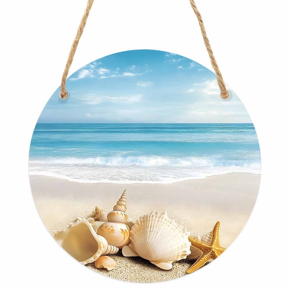 Beach Coastal Round Front Door Welcome Sign, 5.9 Inch Wall Hanging Decor for Indoor Outdoor, Summer Nautical Seaside Starfish Shell Home Porch Hanger Decorations for Holiday Gift