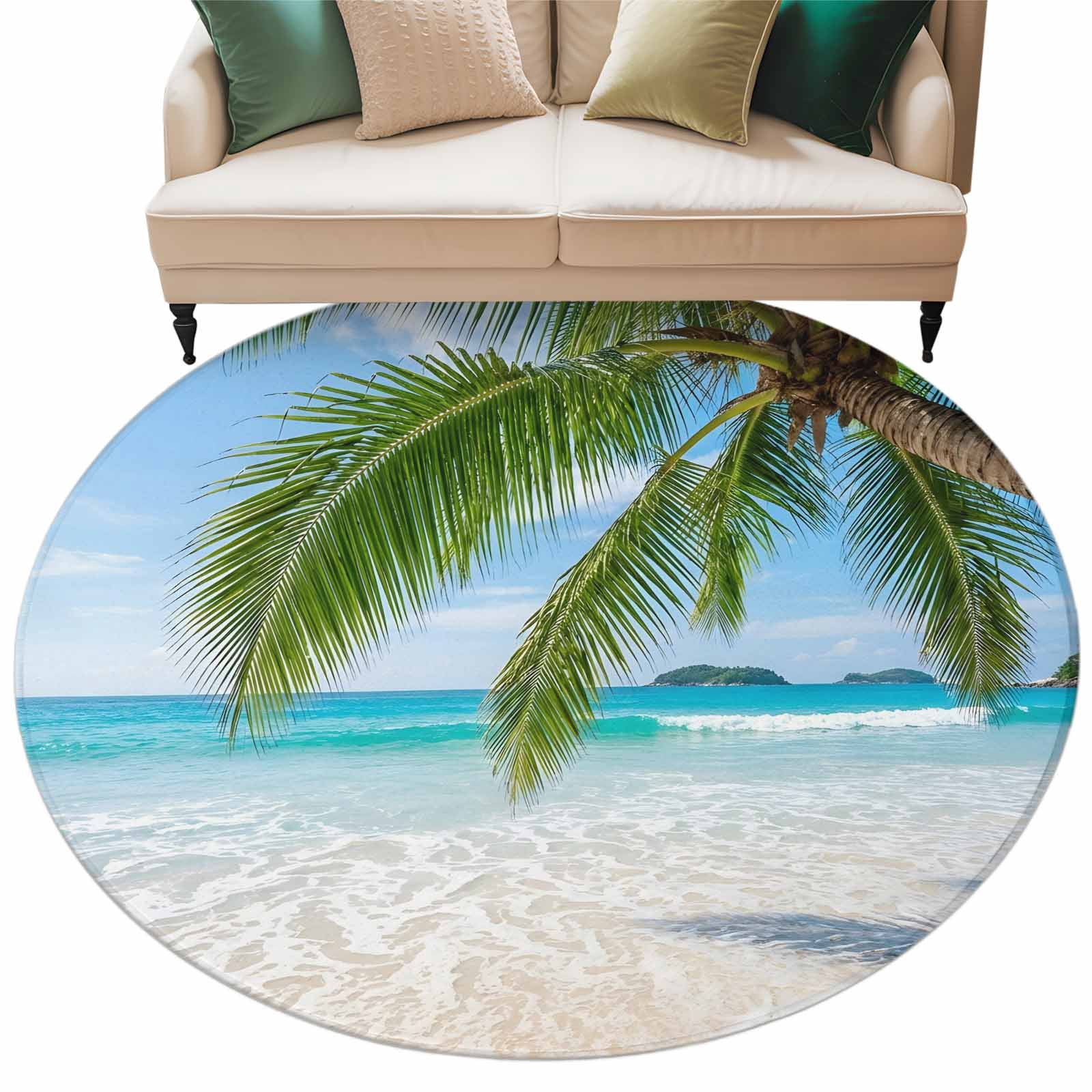 Beach Coastal Round Living Room Rugs 5 ft, Starfish Palm Tree Sky ...