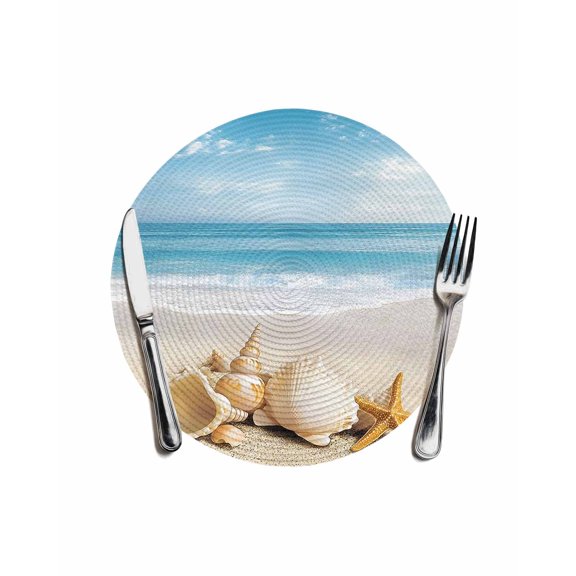 Beach Coastal Round Placemats for Dinning Tables,Heat-proof Braided Table Mats 13 Inch,Summer Nautical Seaside Starfish Shell Washable Place Mat for Kitchen Restaurant Party Decor Table Setting