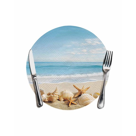 Beach Coastal Round Placemats for Dinning Tables,Heat-proof Braided Table Mats 13 Inch,Summer Seaside Shell Starfish Nautical Washable Place Mat for Kitchen Restaurant Party Decor Table Setting